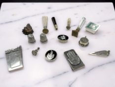 A group of intaglio desk seals including one yellow metal example, to silver thimbles,