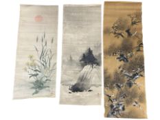 Chinese School : A bird perched in the branches of a pine tree, watercolour on fabric,