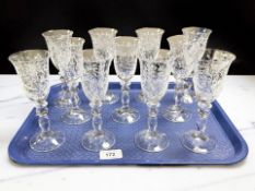 A set of eleven etched crystal glasses, height 16.