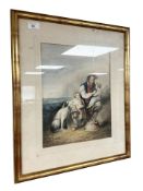 19th Century School : A sailor by rocks with hound and children, watercolour, 29 cm x 36 cm.