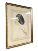 J M Kunns : Portrait of a lady wearing a cocktail dress, pencil with watercolour, 21.5 cm x 33 cm.