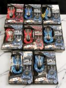 Eight remote control cars in boxes.