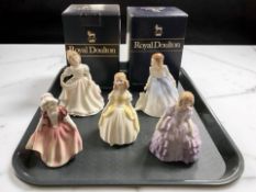 Five Royal Doulton figures comprising 'Rose' HN2123, 'Penny' HN2424, 'Dinky Doo' HN2120,