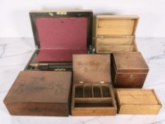 A Victorian figured walnut writing slope and several other table boxes, caddy, etc.