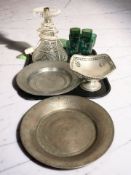 A crystal lamp base, a group of coloured glasses,