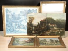 A group of pictures including two unframed antiquarian oils depicting a water mill and a swan on a