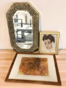 An octagonal embossed brass mirror, Barbara Kennard artist's proof entitled 'Children on the beach',