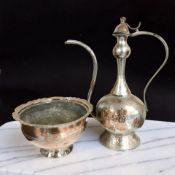 An eastern copper plate on pewter coffee pot, height 37 cm, together with a similar pedestal bowl.