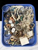 A tray of costume jewellery, beads, necklaces,