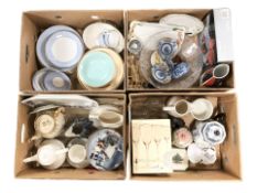 Assorted ceramics and dinner wares, boxed wine glasses, pottery jugs, etc.