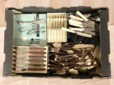 Assorted boxed and loose cutlery including an oriental teak handled brass cutlery service.