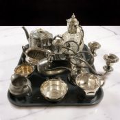 A group of EPNS and pewter items, ewer, pair of table candelabra, tea wares, etc.