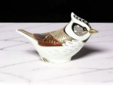 A Royal Crown Derby Crested Tit paperweight, with gold stopper and original box.