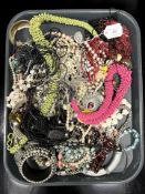 A tray of costume jewellery, beads, necklaces,