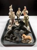 A group of Italian resin figures of ladies and three further figures of dogs including Border Fine