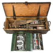 A pine tool box containing antique carpentry tools, a further metal concertina box and contents.