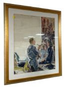 Leonard James Green (20th Century) : Interior scene with figures conversing, watercolour,