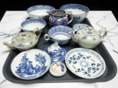 A group of Chinese and English blue and white ceramics including tea bowls, Chinese vase lid,