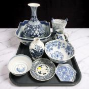 A group of blue and white porcelain including a Delft basket,