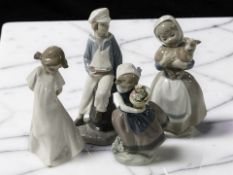 A Lladro figure of a sailor boy No. 4810, a further Lladro figure and two Nao figures.