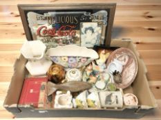 A Coca-Cola advertising mirror, various ceramics including Maling ware, etc.