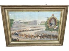 A Victorian chromo lithographic print depicting Queen Victoria in military procession,