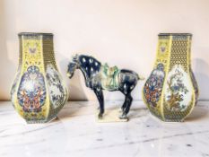 A pair of contemporary Chinese hexagonal yellow ground porcelain vases, height 26 cm,