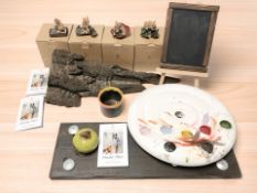 A group of Richard Cooper mouse ornaments, miniature chalk board, artist's palette, etc.