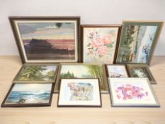 A collection of pictures and prints, oil on canvas landscapes, still life study,