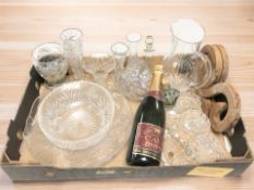 A bottle of Brut Cava, assorted crystal bowls, vases, glasses, beads, etc.