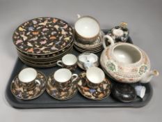 A group of decorative oriental tea and coffee wares, papier mache trinket box, miniature rice bowls,