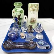 Two Victorian opaque glass vases with hand painted and gilded decoration,