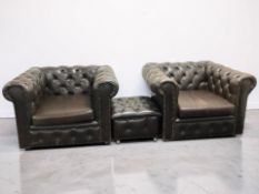 A pair of 20th century buttoned brown leather Chesterfield-style club armchairs, width 107 cm,