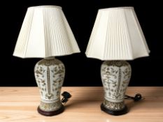 A pair of contemporary pottery lamp bases with shades, overall 79 cm high.