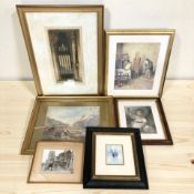 A group of pictures and prints, watercolour landscape,
