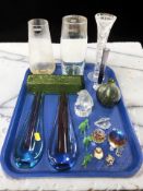 A pair of Italian studio glass vases, a textured green square section vase, paperweights,