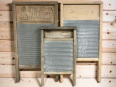 Three antique pine and galvanised metal wash boards, tallest 59 cm.