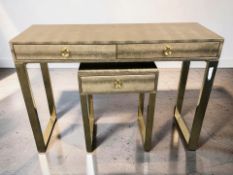 A contemporary gold coloured two drawer hall table, width 110 cm, plus a matching lamp table.