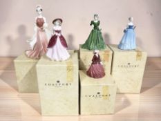 Five Coalport ladies : 'Sue', 'Stella', 'Endless Love', 'Leona' and 'Nina', all with boxes.