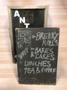 A painted cafe sign and an antiques sign, tallest 113 cm.