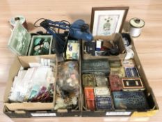 Assorted vintage tins, sewing thread, die cast car,