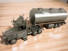 A contemporary metal model of a lorry with fuel tank, length 50 cm.