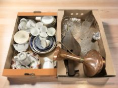 A copper jug, set of fire bellows, ship's decanter, assorted tea china.