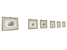 After JMW Turner : Six hand coloured engravings depicting world landscapes, each 20 cm x 15 cm.