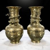 A pair of Chinese cast brass vases adorned with dragons, height 24 cm.