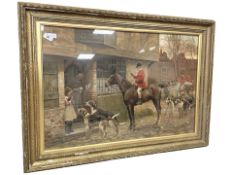 A 19th century chromo lithographic print depicting huntsman and hounds approaching a tavern,