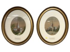A pair of collage pictures depicting Norwich Cathedral and Salisbury Cathedral, in gilt frames,