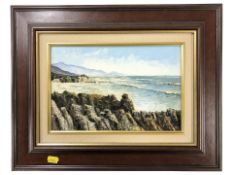 Dallas K Taylor : Coastal rocks with crashing waves beyond, oil on board, 19 cm x 28 cm.