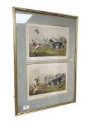 A pair of 19th century hand coloured prints depicting bull baiting, framed overall as one,