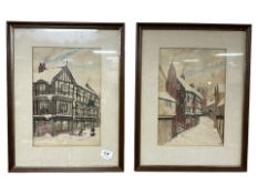 20th Century School : A naive painting of figures shovelling snow in the street, watercolour,